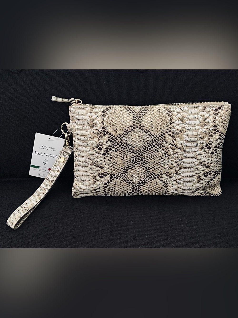Isadora Italy Snakeskin Embossed Leather Clutch Pouch Bag NWT